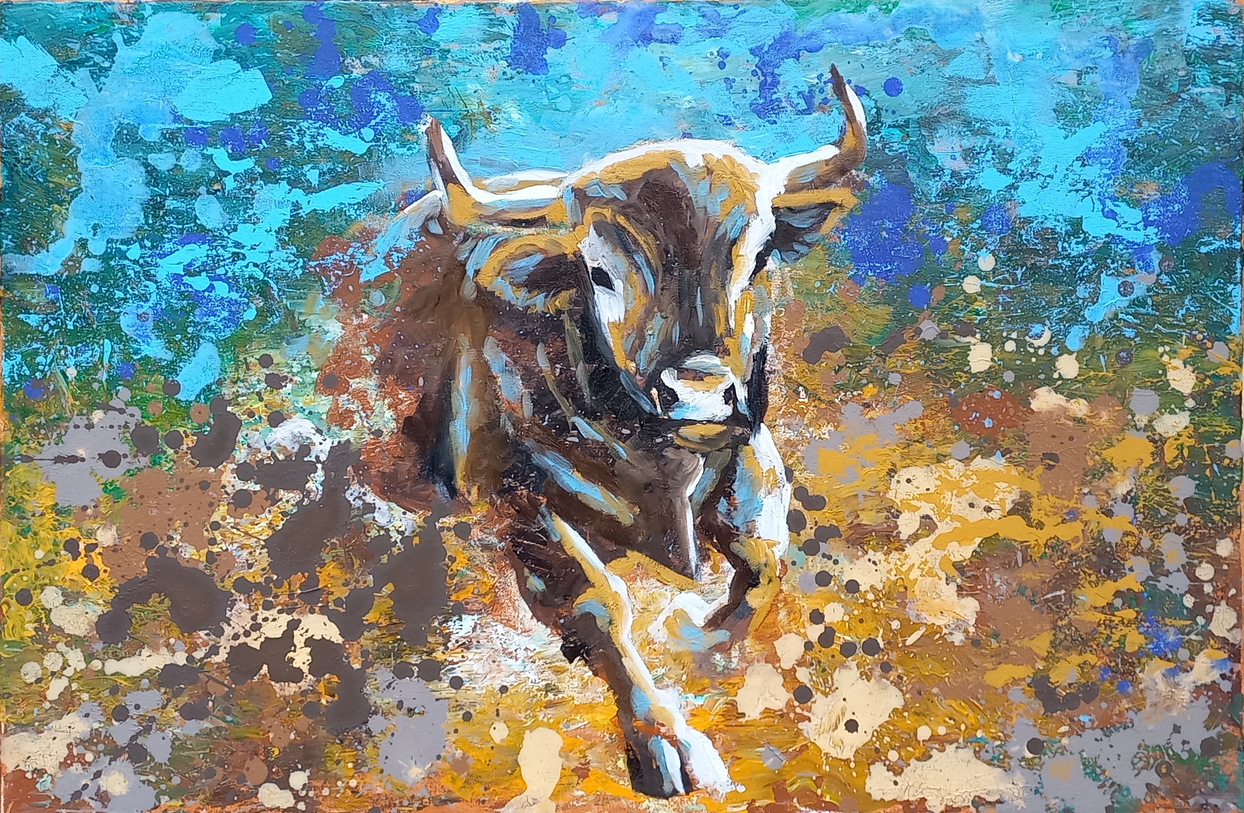 Ölbild eines Wagenrades im Wasser