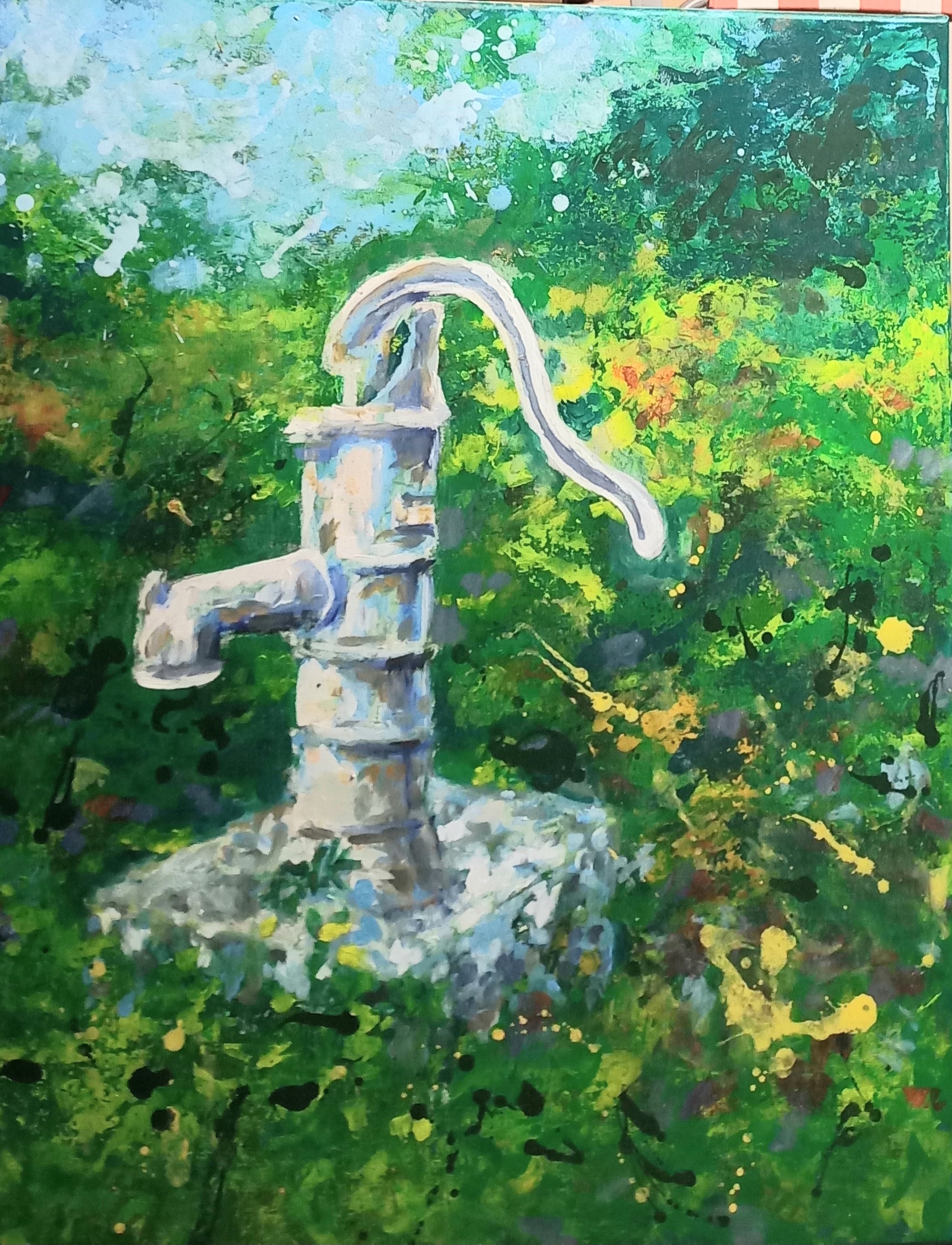 Ölbild einer alten Wassserpumpe