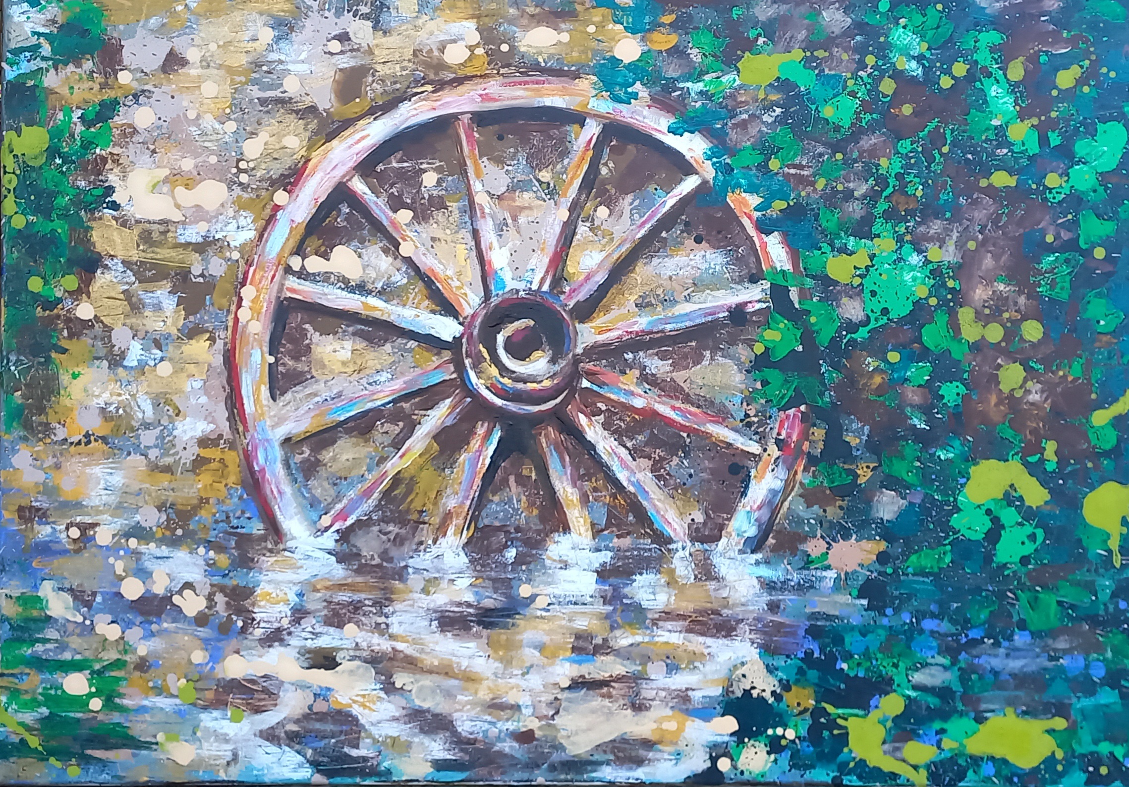 Ölbild eines Wagenrades im Wasser